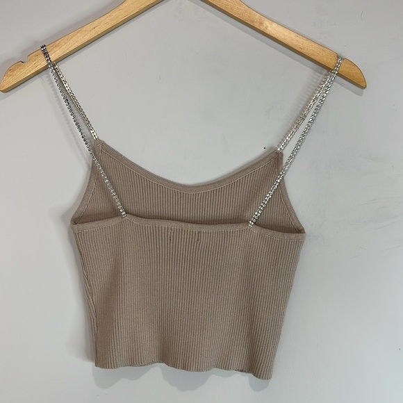 Debut NWOT Rhinestone Spaghetti Strap Taupe Fitted Crop Ribbed Knit Cami Top S/M - Picture 5 of 11